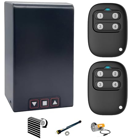 AMZsystems Cuadro de Maniobras para Motor de Puerta Enrollable, 230V, Kit con 2 Mandos a Distancia, Pulsadores Exteriores, Salida Fotocélula, 433MHz Rolling Code, Gris