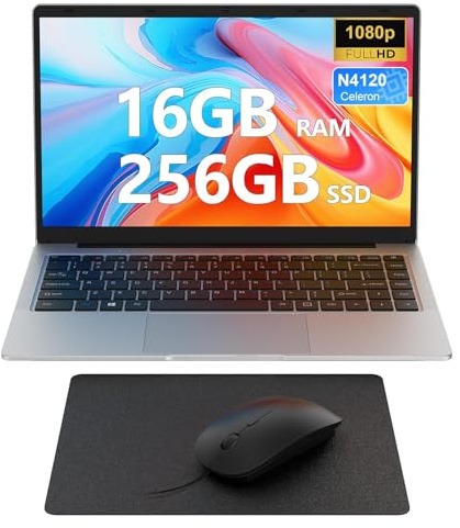Ordenador Portatil 14 Pulgadas, 16GB RAM 256GB SSD TF Expansión, PC Portátil Celeron N4120 Up to 2.6Ghz, 5G/2.4GHz WiFi, 1920x1080 IPS FHD/BT/USB/DHMI, Win 11 Mini Portatil con Ratón y Alfombrilla
