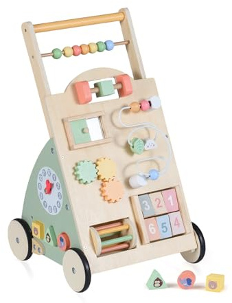 GOPLUS 2-i-1 baby gåstol, lärahjälp trä med lekbräda, gåvagn med 4 hjul och förvaringsutrymme, aktivitetscenter för bebisar, Montessori, träleksak för pojkar och flickor från 1 år