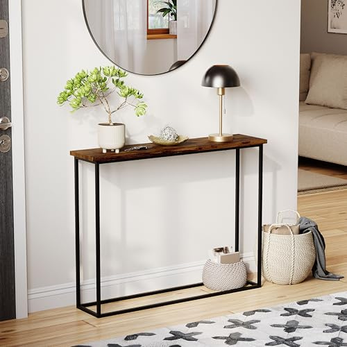 Vida Designs Narrow Console Table 100cm | Slim Hallway Table for Small Spaces | Industrial Metal Frame & Wood Effect Top | Modern Entryway/Sofa Table | Easy Assembly | Rustic Brown & Black