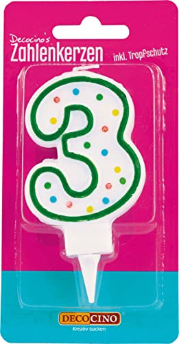DECOCINO Zahlenkerzen Zahl „3“ – Torten-Kerzen Happy-Birthday-Deko, Gerbutstags-Kerzen, Geburtstags-Deko für Geburtstags-Torte & Geburtstags-Kuchen