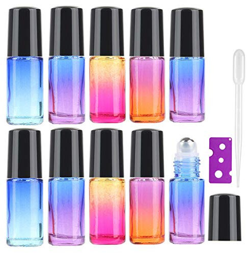 JamHooDirect Lot de 10 flacons roll-on pour huiles essentielles 5 ml – Bouteilles rechargeables en verre arc-en-ciel avec billes en acier inoxydable et capuchons noirs et décapsuleur