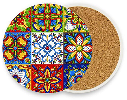 Mexican Talavera Ceramic Tile Ethnic Folk Ornament Italian Pottery 4 PCs Ceramic Mug Coaster for Drinks, Stone Coasters Holder with Cork Base, Oversize Cup Mat Pad for All Mugs, Housewarming Gift