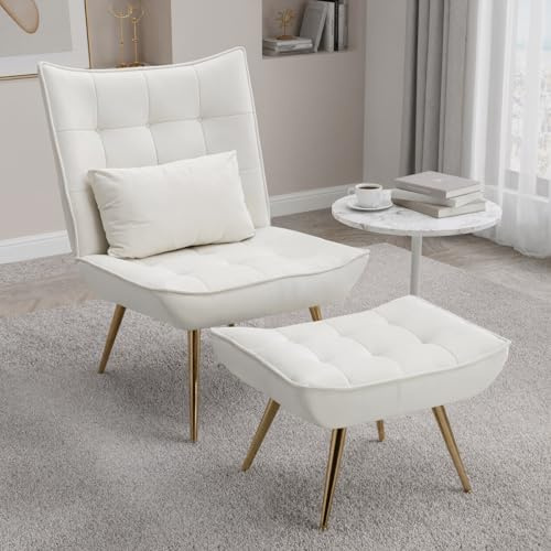 chairus Loungesessel Wohnzimmer Samt Relaxsessel mit Hocker Polsteressel für Schlafzimmer Einzelsessel mit Metallbeine (Beige)