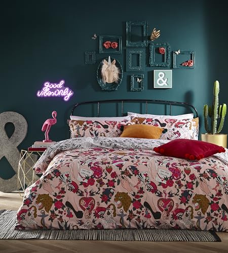 furn Inked Duvet Cover Set – Tattoo Inspired Cartoon Print with Reversible Design, Polycotton Bedding (Pink Blush – Super King)