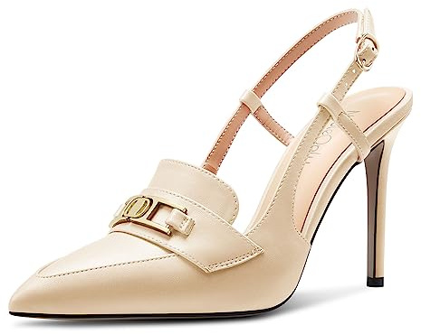 NobleOnly Womens Stiletto High Heel Pointed Toe Slingback Buckle Pumps Court Shoe Casual Office Dress Shoes 10 CM Heels Nude 7.5 UK