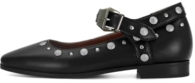 DOEYG Black Studded Mary Jane Ballet Flats Shoes for Women Square Toe Mary Jane Flats Buckle Strap Casual Dressy Comfortable Ballerina Shoes Size 7.5