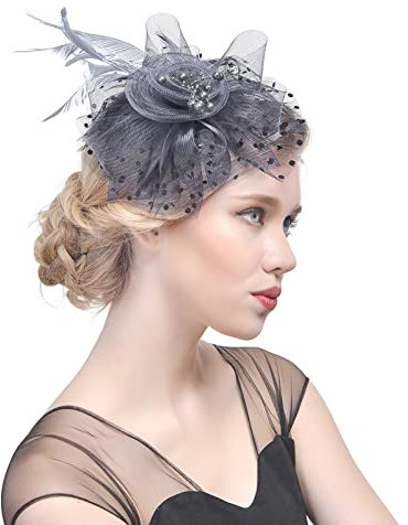 Paintball Helm Bänder Frauen Federn Hut Kopfbedeckung Netzblume Headband Tea Party Cocktail Brautmaterial Neopren Stirnband (Grey, One Size)