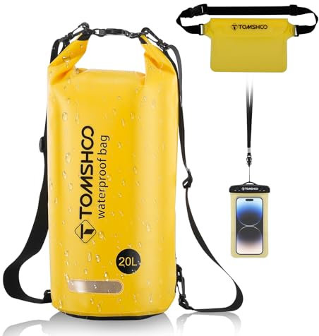 TOMSHOO Dry Bag Set, 10L/20L Wasserdicht Rucksack mit Wasserfester Handytasche & Tasche, Verstellbarer Schultergurt, Waterproof Backpack für Kajak Fahren, Wandern, Camping, mehr, 20L, Gelb