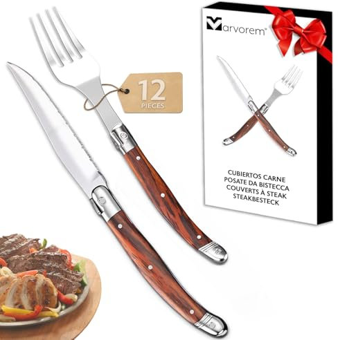 Posate da bistecca acciaio inox legno 12 pezzi con 6 pezzi di coltelli da bistecca da 23 cm e 6 pezzi di forchette da tavola da 22 cm