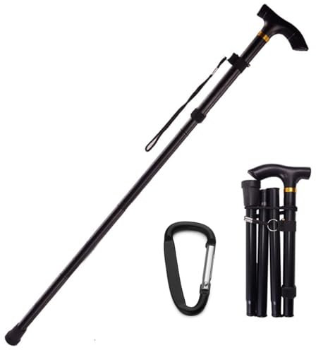 Bastone Pieghevole da Passeggio Regolabile in Alluminio, Bastone da Passeggio Pieghevole Antiscivolo, Adatto per Alpinismo, Escursionismo e Viaggi, con 1 Moschettone Nero