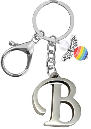 Porte-clés pour homme et femme en métal avec lettre de l'alphabet personnalisable avec breloque ange, cadeau d'amitié, cadeau de 18e anniversaire, porte-clés de voiture (B)
