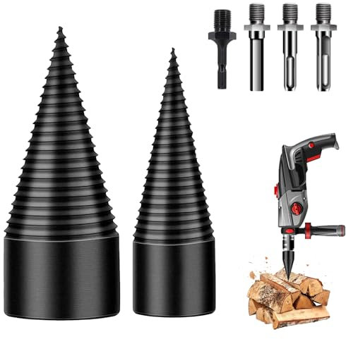 Brocas para Leña, 32mm+42mm Broca Divisora de Leña con 4 Mangos de Taladro, Cortador de Troncos, Taladro de Cono para Partir Troncos de Madera para Hogar