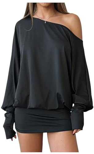 SOLY HUX Women's Long Sleeve Off The Shoulder Dress Y2k Mini Dress Streetwear Music Festival Outfits Solid Black Large