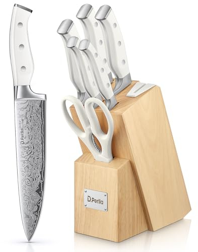 D.Perlla Juego de Cuchillos de Cocina Profesional, Juego de Bloque de Cuchillos de Cocina de Acero Inoxidable Alemán de 7 Piezas con Afilador Incorporado, Blanco