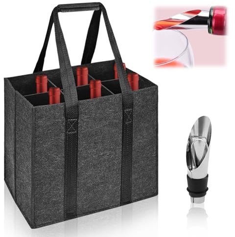 ZXShow Bolsa Botella Vino 6 Cipartimentos 27x 27 x 18 cm Bolsas para Botellas con Asas Bolsa de Fieltro,Con vertedor de vino de acero inoxidable para Vino Regalar,Fiestas,Picnics - Gris oscuro
