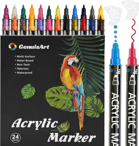 24 Colori Pennarelli Acrilici Doppia Punta Pennarelli Indelebili Acrylic Marker Pennarelli Metallizzati Impermeabili,Metallizzati per Album Fotografici,Libri Degli Ospiti, Accessori per Scrapbook