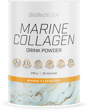 BioTechUSA Marine Collagen | Hydrolyserat fiskkollagen med C-vitamin | Sockerfritt | Glutenfritt | Stöd för hud, hår, naglar och leder, 240 g, Mango