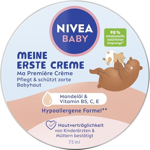 NIVEA BABY Meine erste Creme, vegane und hypoallergene Hautcreme, feuchtigkeitsspendende Creme für Babys mit Mandelöl & Vitaminen, Babypflege ohne Parabene (75 ml)