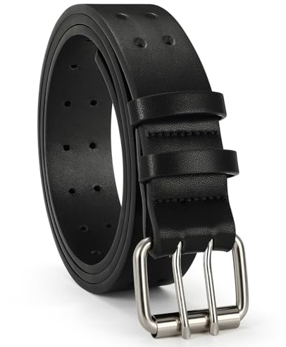 VONMELLI Mens Leather Double Prong Belt Casual Work Belts for Men Heavy Duty Dual Holes for Jeans Pant Black Suit for Waist Size Below 38