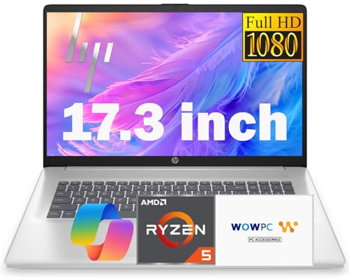 HP 17.3 Inch FHD Business Laptop with MS Office for The Web, AMD Ryzen 5 7430U (Beats Core i7-1355U), 8GB RAM, 628GB Storage (500GB External Drive), Long Battery Life, Windows 11, WOWPC 3-in-1