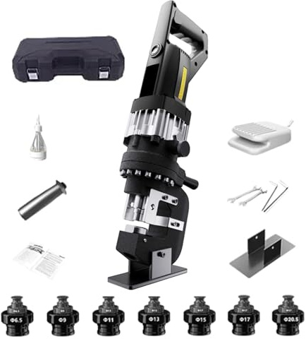 Ddasam Punzonadora Hidráulica Eléctrica 2200W 18T, 7 Moldes, Perfora en 1 Segundo, para Acero, Hierro, Aluminio y Cobre, con Base Estable y Mango para Uso Versátil