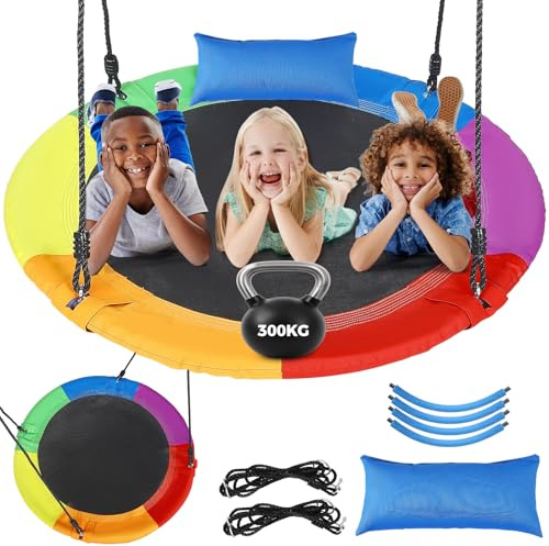 Nest Swing Seat for Kids, Colorful Saucer Tree Swing Adjustable Height Detachable Pillow Tear-Resistant 900D Oxford Fabric Steel Frame with Foam Padding Exercise 300kg/661lbs, 3 Children/2 Adults
