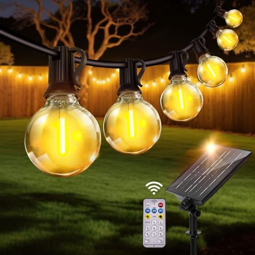 Woowtt Stringa di luci solari da giardino all'aperto, 30 m, luci solari per esterni, con 50+2 lampadine LED infrangibili G40, luci impermeabili, 8 modalità a distanza, per pergola, gazebo, patio