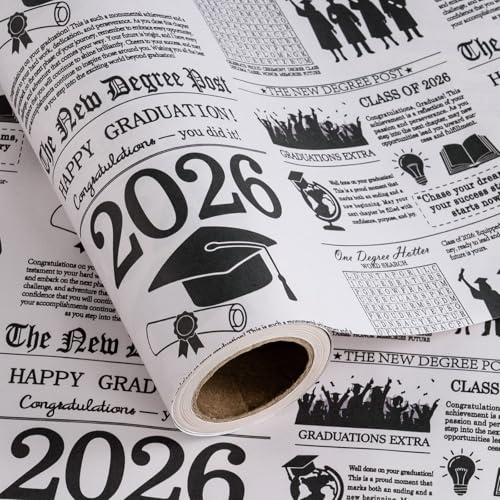 WRAPAHOLIC Kraft Graduation Wrapping Paper Roll - Mini Roll - 17 Inch x 16.5 Feet - Vintage 2026 Graduation Cap Newspaper Wrapping Paper for Class of 2026, High School & College Gifts
