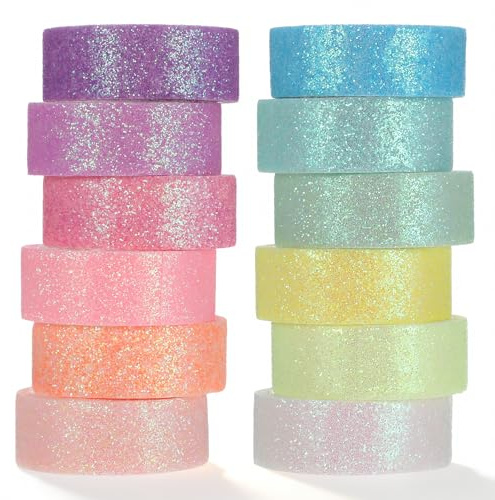 Cobee 12 Rolls Pastel Washi Tape Set, Glitter Washi Tape Colored Masking Tapes for DIY Crafts Journal Scrapbooking Gift Wrapping (12 Colors)