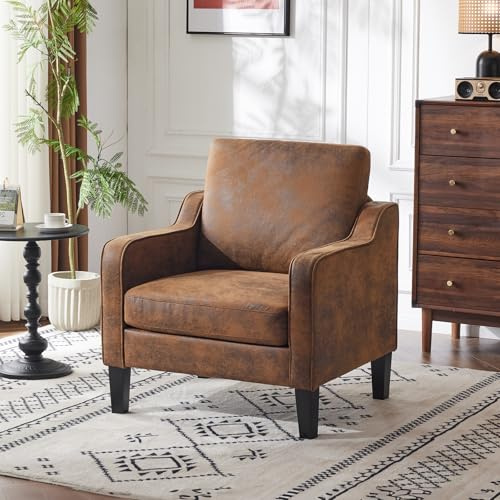Bonnlo Fauteuil Élégant, Canapé 1 Place Moderne du Milieu du Siècle, Chaise de Lecture Confortable avec Accoudoirs Incurvés, Canapé Rembourré en Chenille, pour Salon, Chambre (1, Marron Vintage)