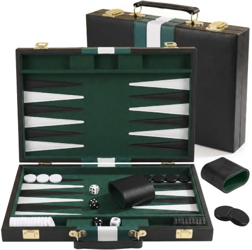 PUYUKO Backgammon Set för 2 Spelare Vikbart Backgammonspel i PU-Läder, 11 Rese Backgammon med 30 Spelpjäser, 4 Tärningar, Fördubblingstärning och 2 Tärningskoppar (Grön-15)
