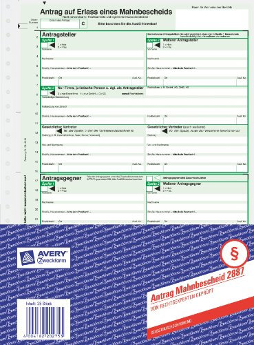 Avery Zweckform 2887-5 Mahnbescheid Antrag (A4, selbstdurchschreibend, 1 Satz) 5er Pack, grün