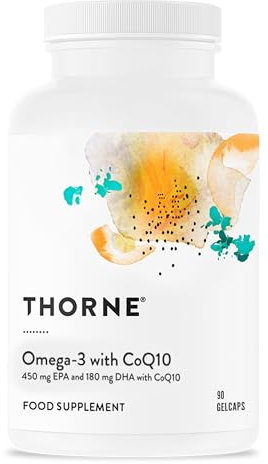Thorne Omega-3 with CoQ10 - Supplément d'Acides Gras Oméga-3 avec CoQ10 - EPA et DHA - Acides Gras d'Huile de Poisson avec Soutien Antioxydant - Santé du Cœur et du Cerveau - 90 Gélules