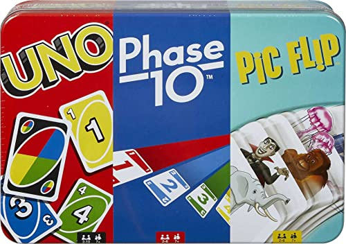 UNO, Phase 10 and Pic Flip Bundle Tin, 3 Mattel Card Games for Players 7 Year Olds & Up, Decorative Storage Tin, Gift for Kid, Family & Adult Game Night 7 Years & Older