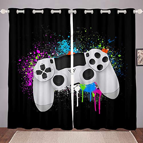Tbrand Gamepad Vorhänge Jungen Gamer Fenstervorhang 175x140cm Weißes Videospiel Gamepad Blickdichte Vorhänge Für Kinder Schlafzimmer Dekor Bunte Krawattenfarbe Modern Game Controller