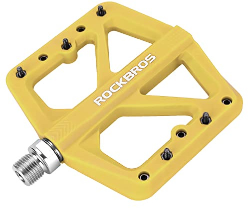 Rock BROS Mountain Bike Pedals MTB Pedals Lightweight Nylon Composite Bicycle Flat Pedals 9/16 DU Bearing Bike Platform Pedals for BMX MTB Mountain Road Bike (Yellow)