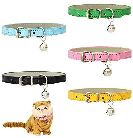 5 Stück Katzenhalsbänder aus Leder,Verstellbare Katzenhalsband mit Glöckchen und Metallschnalle, Haustier Halsband Für Welpen Teddy Kätzchen