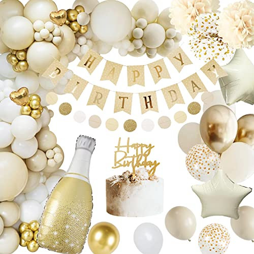Geburtstagsdeko, Deko Geburtstag, Happy Birthday Deko mit Banner Ballon Girlande Pompons Beige Gold für Frauen Mann Geburtstag Party Deko