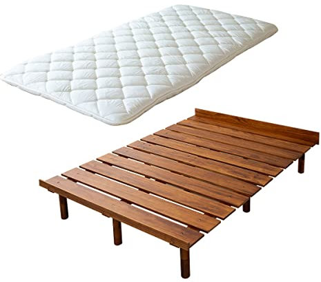 EMOOR Japanische Futon-Matratze CLASSE und Futonbett OSMOS Set 140 x 200 cm, Retro-Braun, 3 Höhen, verstellbar, einfach zu montieren, Japanisches Schlafbett Tatami-Matte Holzlatten-Bett Palettenbett