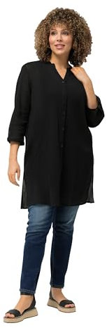 Ulla Popken Damen große Größen Übergrößen Plus Size Longbluse, Krepp, Stehkragen, V-Ausschnitt, 3/4-Arm schwarz 50+ 818499100-50+