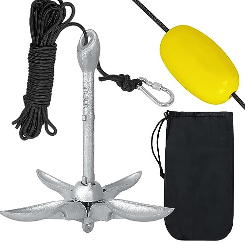 UISEBRT Anclaje para barco galvanizado, ancla plegable, 1,5 kg, juego de anclajes con mosquetón, 10 metros de cuerda, boya de anclaje y bolsa de transporte, ancla plegable para barco, SUP, kayak, bote