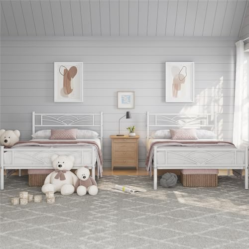 Yaheetech Set di 2 Struttura Letto Singolo in Ferro con Spazio Aggiuntivo Testiera a Forma di Nuvole Camera da Letto Ospiti Soggiorno Bianco 90 x 200 cm