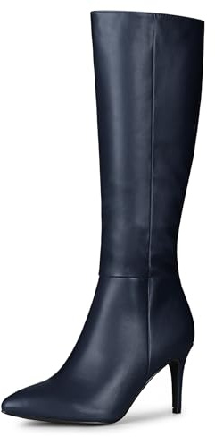 Allegra K Botas altas hasta la rodilla con punta y cremallera lateral para mujer, tacón de aguja, azul marino, 38 EU