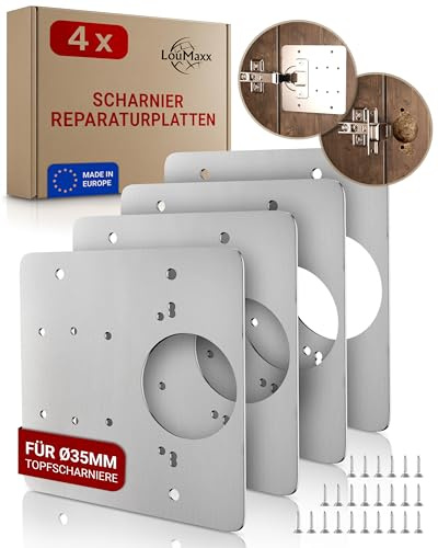 LouMaxx Reparationsset med gångjärn, uppsättning med 4 gångjärnsreparationsplattor av rostfritt stål med skruvar - universell reparationsplatta för gångjärn med lösa 35 mm möbelgångjärn från alla