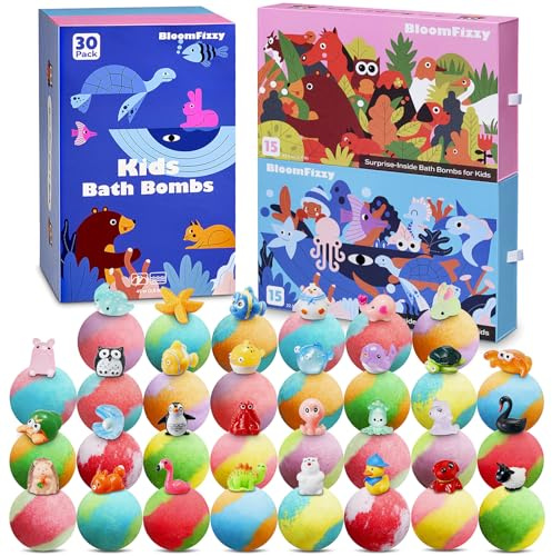 30 Kids Bath Bombs with Surprise Inside – Gift Set with 30 Unique Land & Sea Animal Toys, Fun, Educational, and Child-Safe Natural Bath Bombs with Toys, Great Gift for Kids’ Birthdays & Christmas