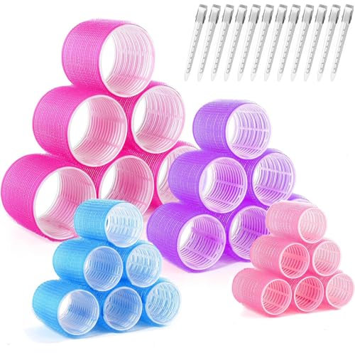 Lockenwickler Set 36 Stücke, Große Locken Curlers Ohne Hitze Selbsthaftend Haftwickler, Groß Haarwickler Hair Rollers 64 mm 48mm 36mm 25mm mit 12 Stücke Entenschnabelclips für Lange und Kurze