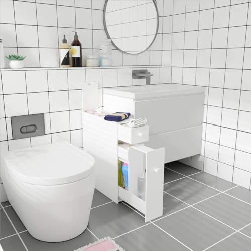 Slim Bathroom Free Standing Floor Narrow Cabinet With Over Toilet, Under Sink, 48D x 17W x 58H, Compact Slimline Storage Unit With Drawers & Slide-Out Shelf, White