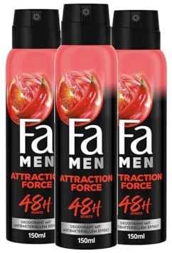 Fa Men Deodorant & Bodyspray Attraction Force (3x 150 ml), Deospray mit verführerischem Duft, Deo ohne Aluminium für bis zu 48 h Schutz, hinterlässt keine Rückstände