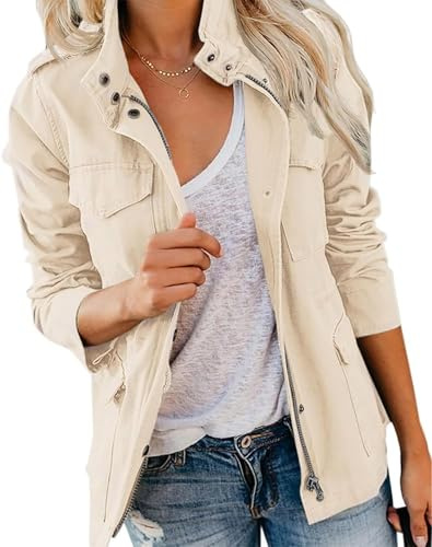 Imily Bela Chaqueta de entretiempo para mujer, ligera, chaqueta de verano, cuello alto, chaqueta de novio, parka, chaqueta elegante, ligera, abrigo corto, beige, XXL